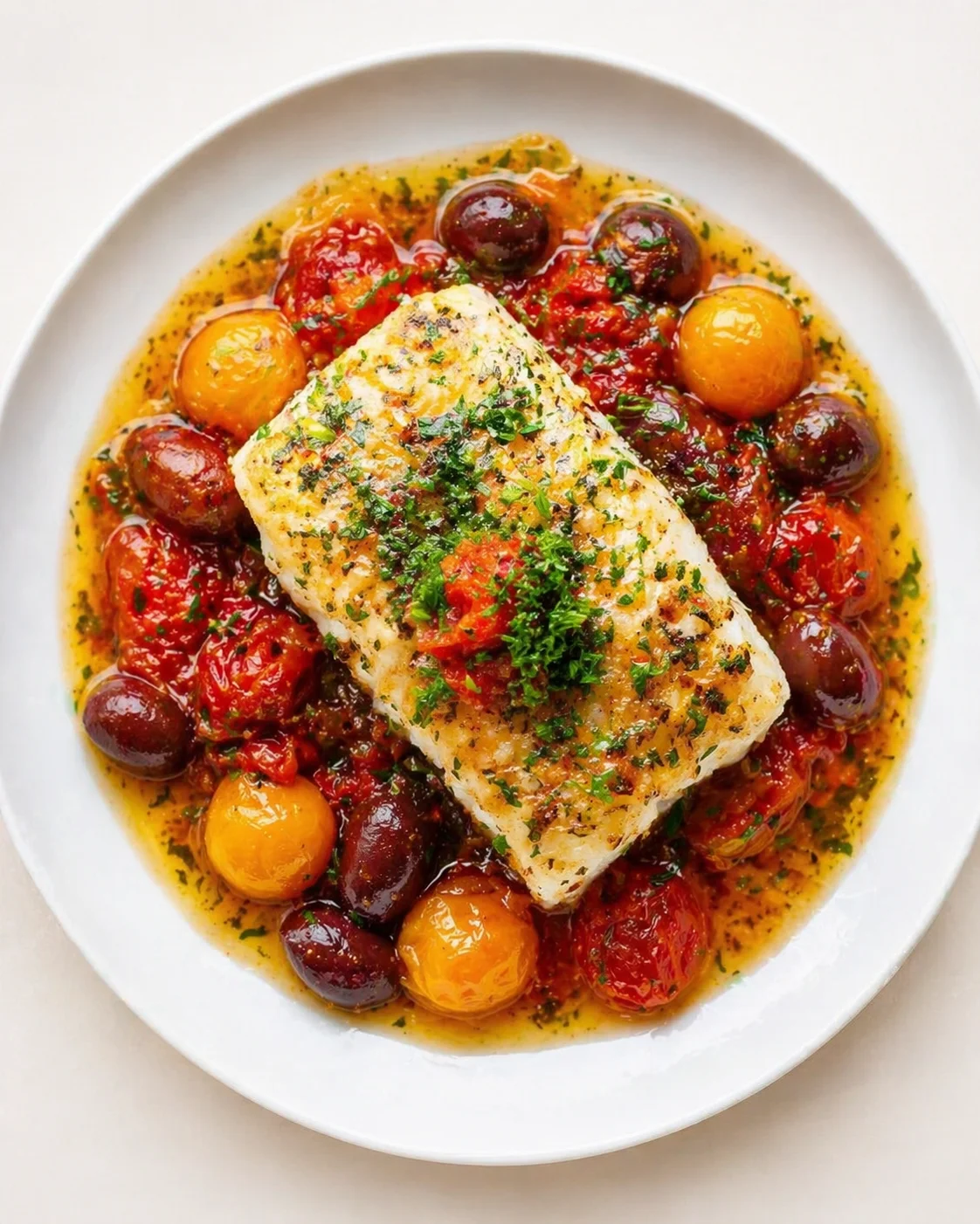 Pan-seared fish fillet on tomato-olive sauce with olives and cherry tomatoes, garnished with parsley on a white plate
