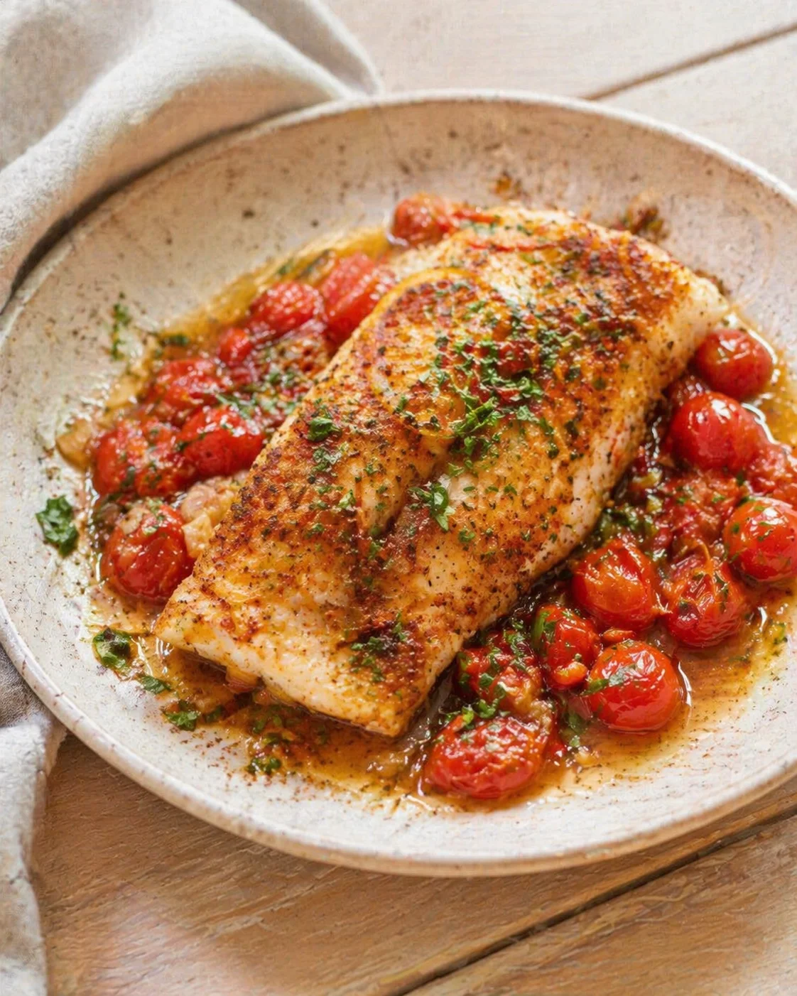 Golden-brown crusted white fish fillet on a bed of vibrant roasted cherry tomatoes in a rustic beige pan