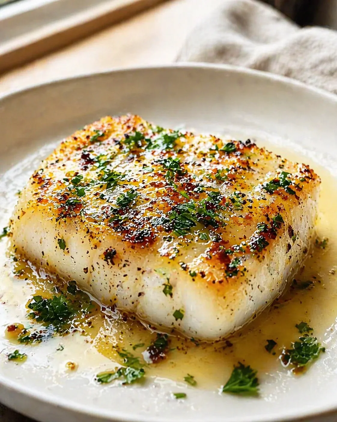pan-seared white fish fillet with golden crust, parsley, and butter sauce on a plate