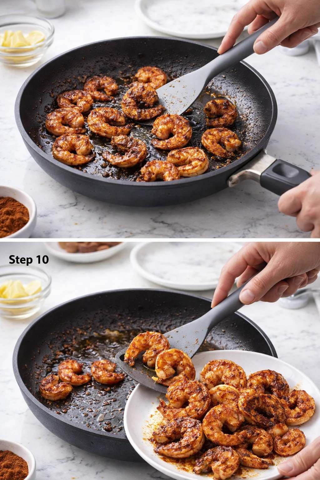 hand flipping glazed shrimp in a black skillet with spatula; lemon wedges and paprika on marble counter