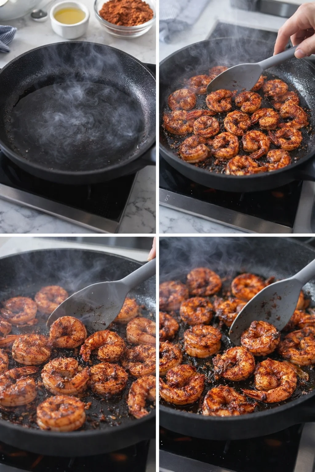 collage of pan-seared spicy shrimp cooking in a black skillet on a stove