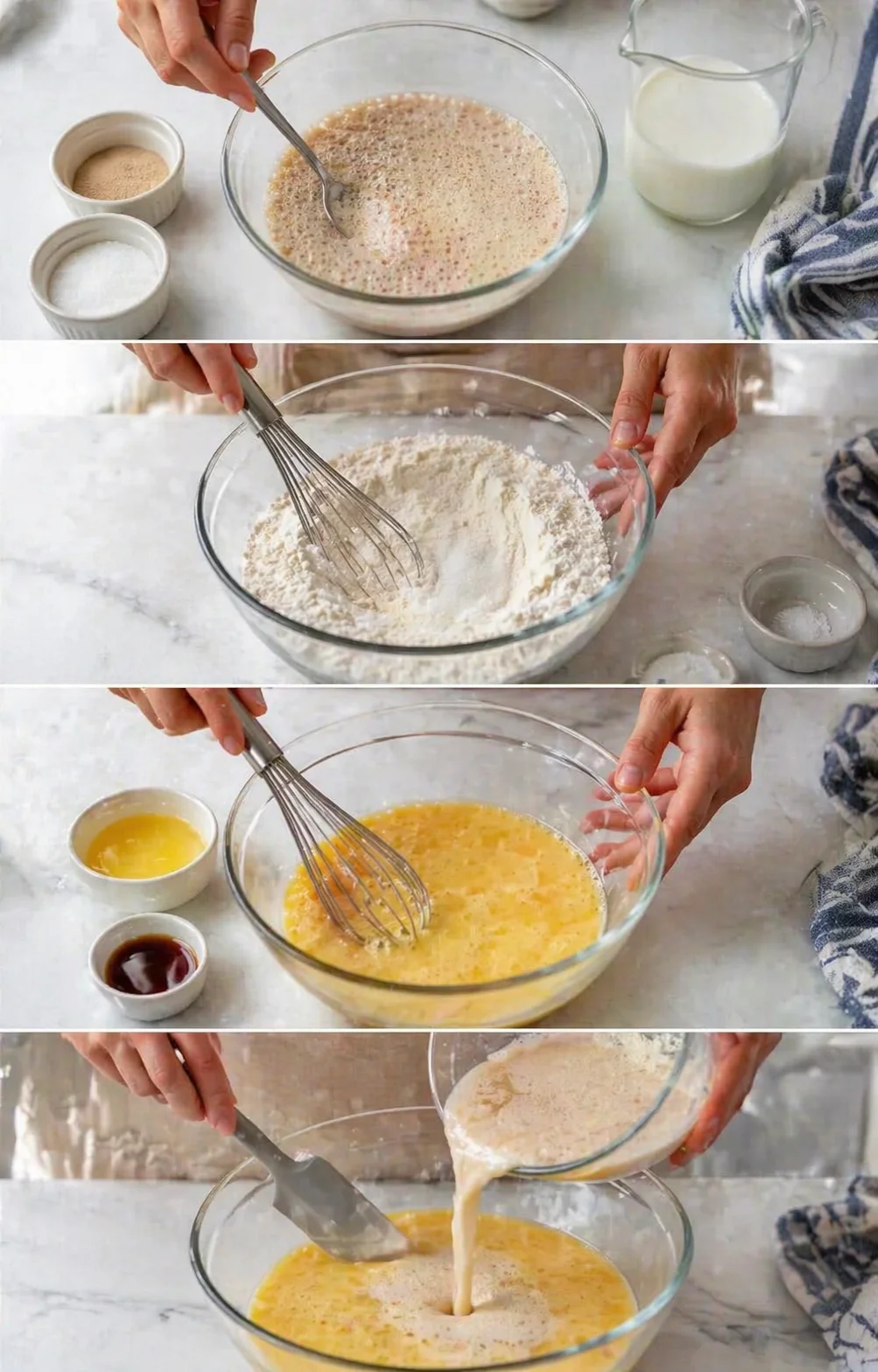 collage showing wet-ingredients whisked, dry-ingredients whisked, and batter forming for pancake batter