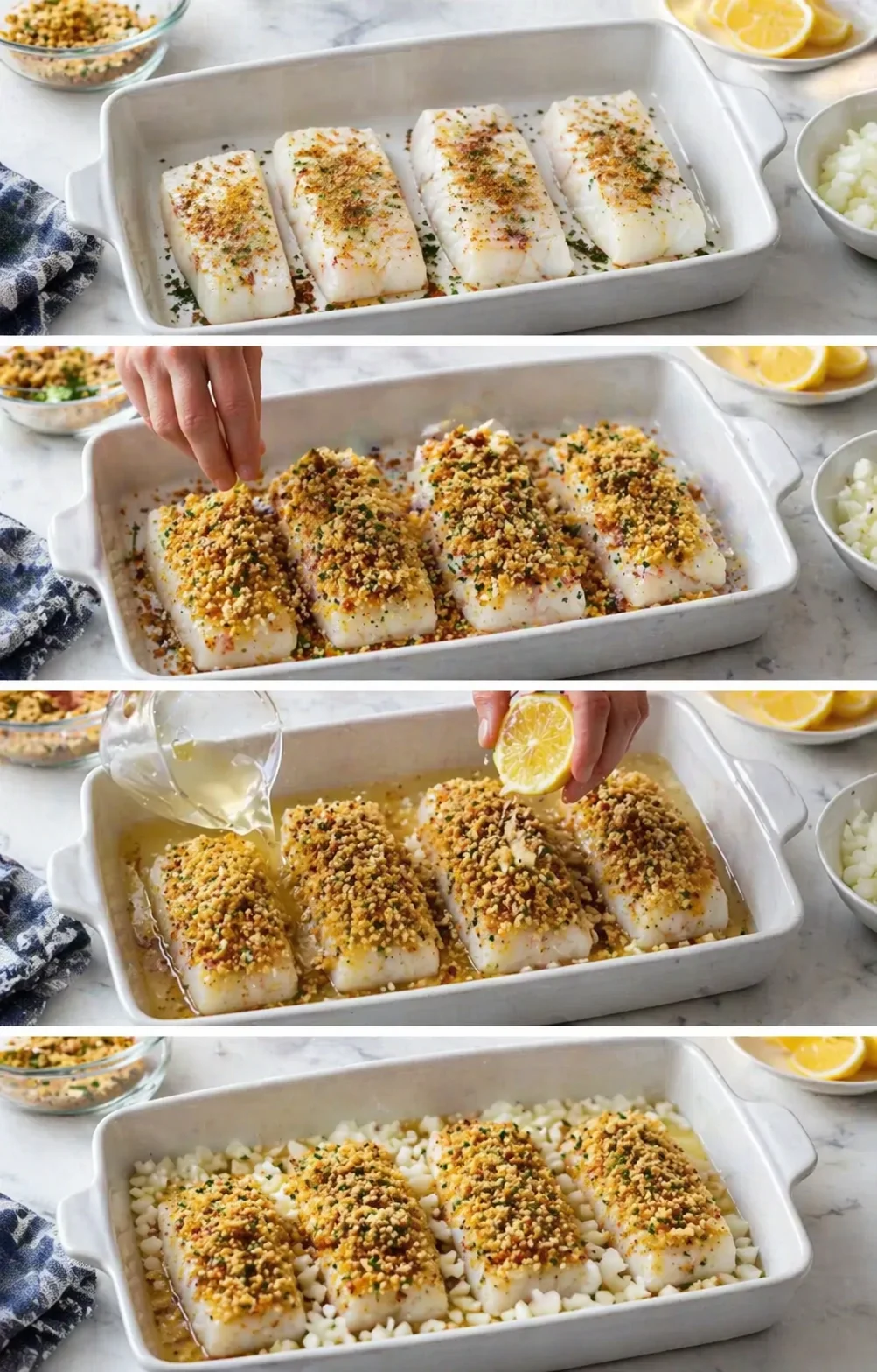 four cod fillets in a white baking dish topped with golden herb breadcrumbs