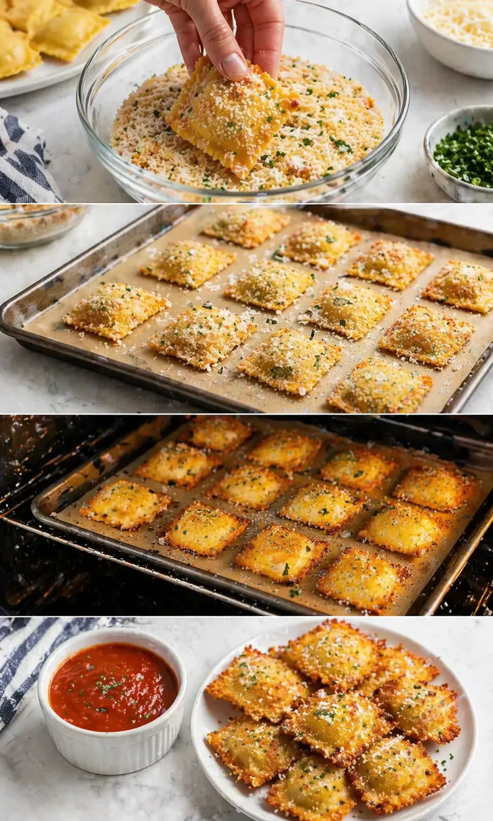 Golden breadcrumb-crusted ravioli bites arranged on a baking sheet, ready to bake, with marinara sauce on the side