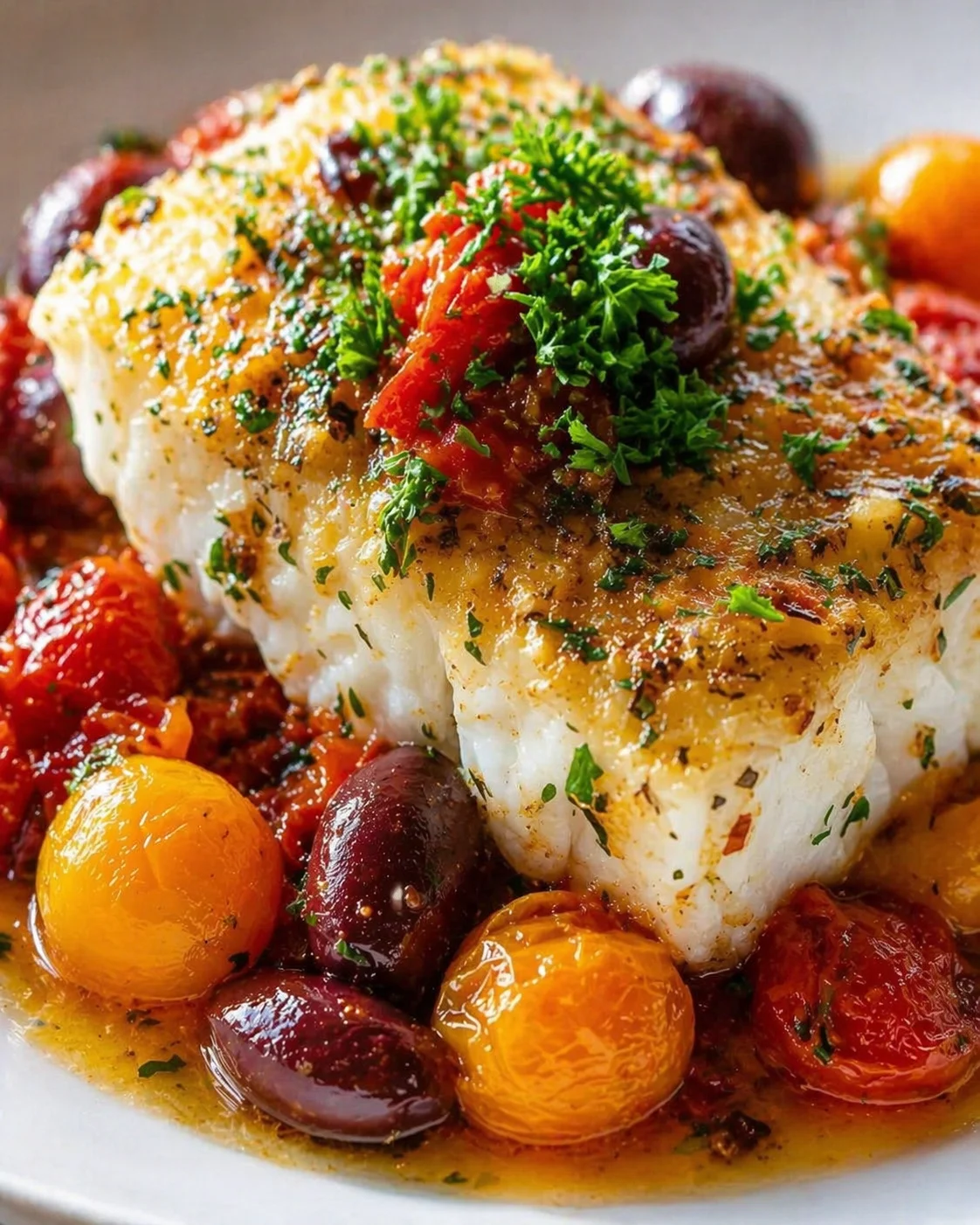 Golden herb-crusted baked fish surrounded by roasted tomatoes and olives on a white plate.