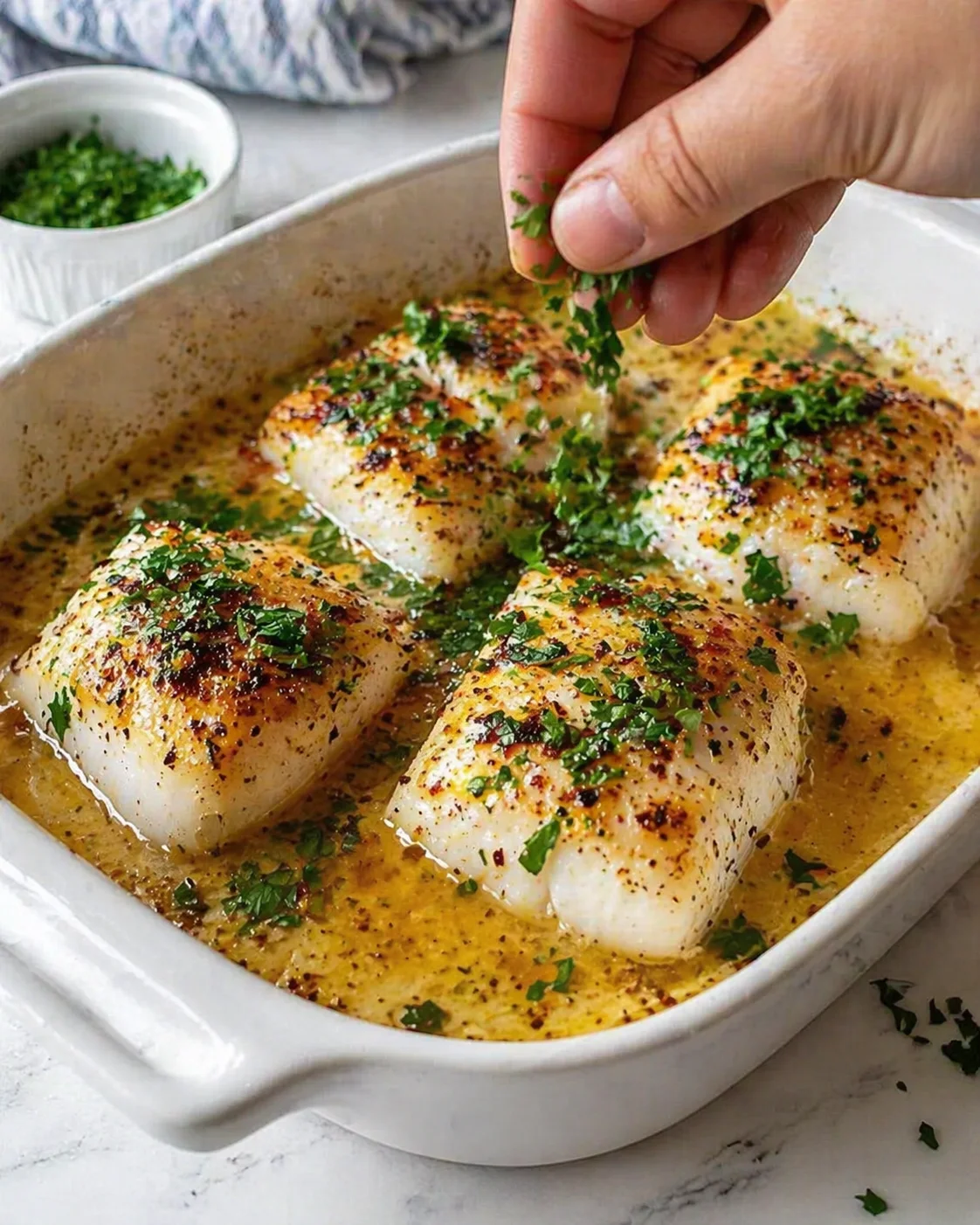 Hand sprinkling chopped parsley over baked white fish fillets in a buttery sauce.