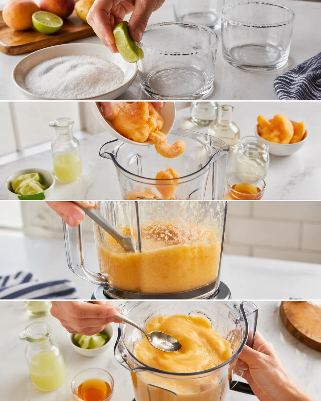 collage of step-by-step images showing lime squeezing, orange-peach puree being blended, and topping a bowl of sorbet