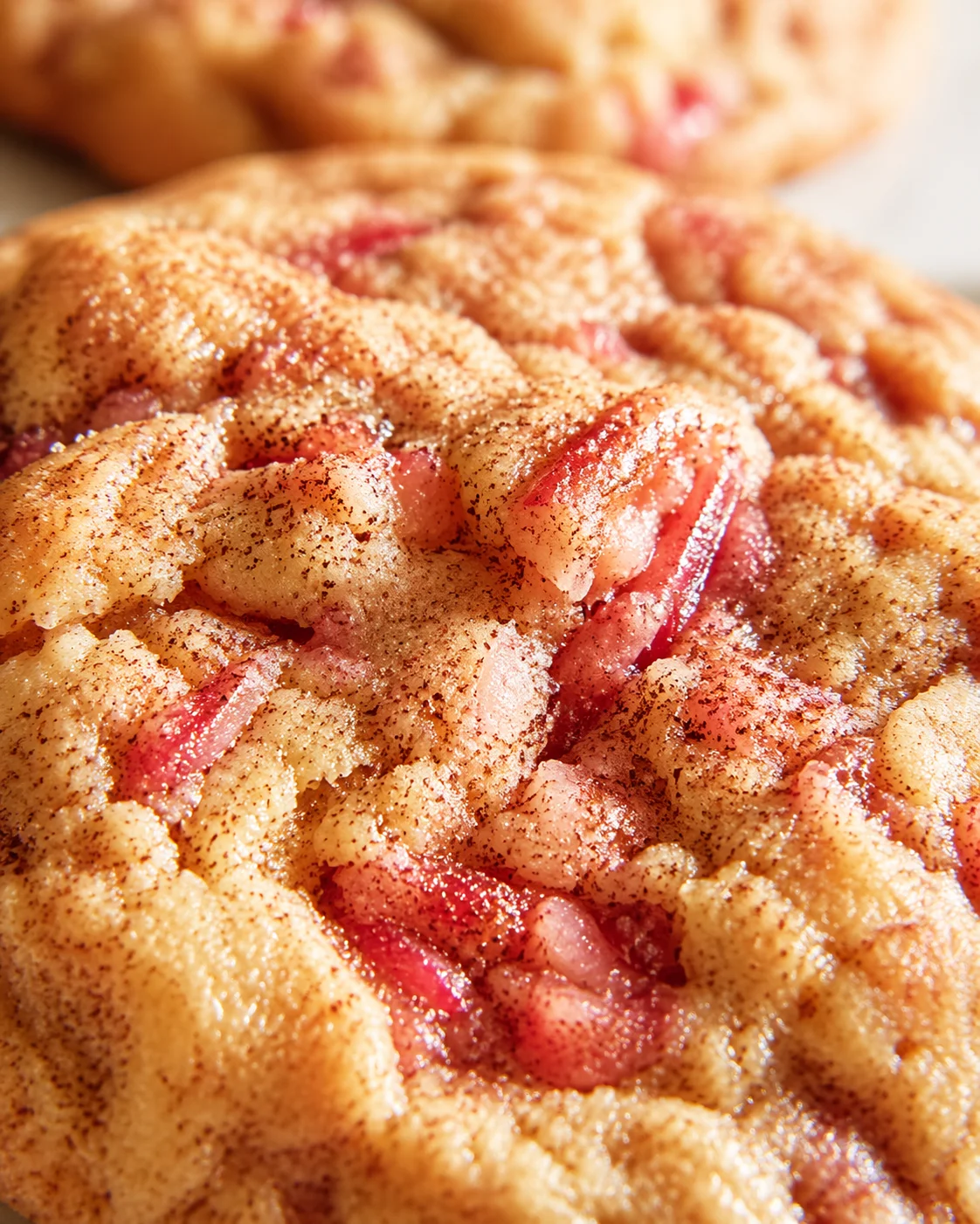 Close-up of peach-filled biscuit dough with cinnamon-sugar dusting on a golden crust.