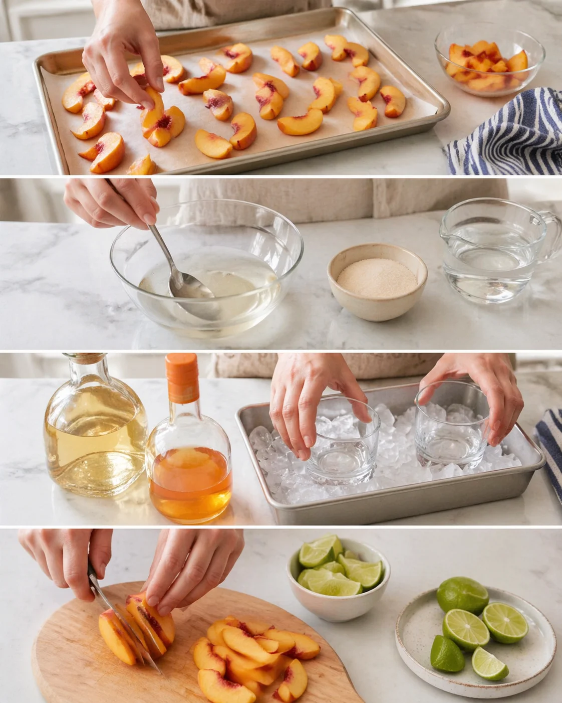collage of peach-prep steps on a marble counter, with peach slices, glaze, liquor bottles, ice, and lime wedges.