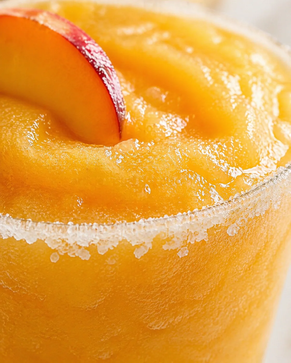 close-up of a glossy peach tart with a sugar-crystal rim