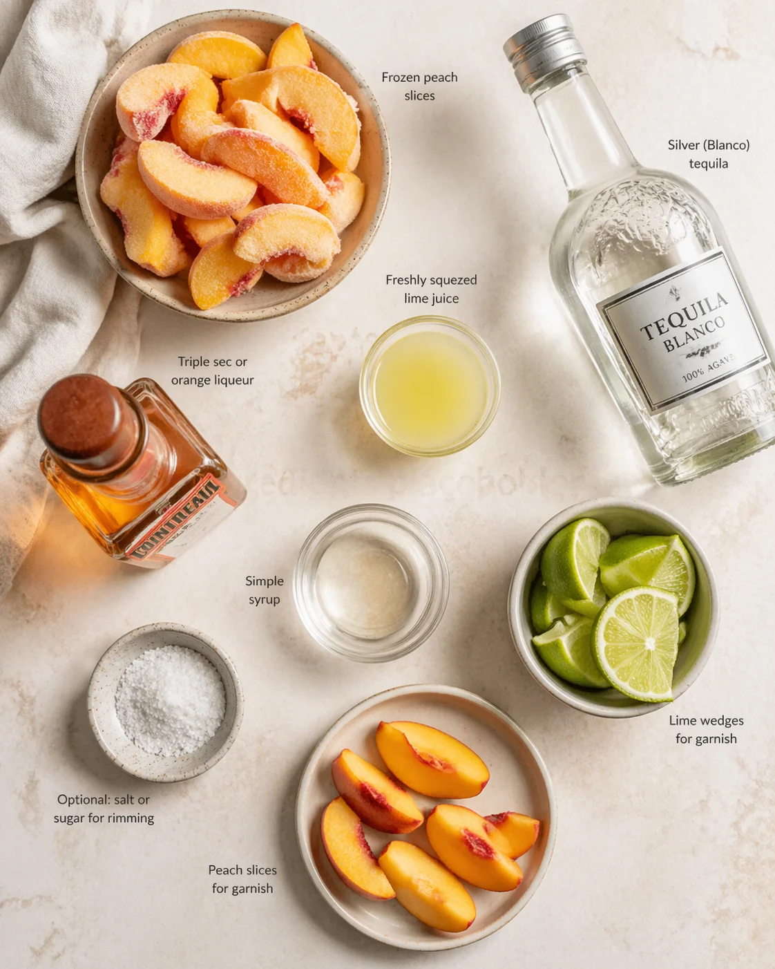 Overhead view of peach slices, tequila bottle, lime wedges, and other cocktail ingredients.