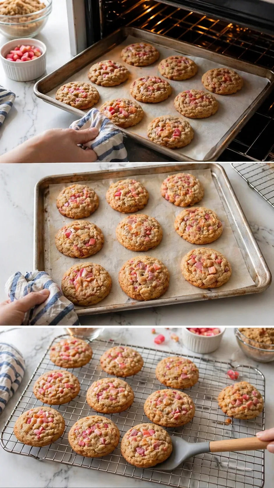 A collage of cookies on parchment, in the oven, and cooling on a rack.
