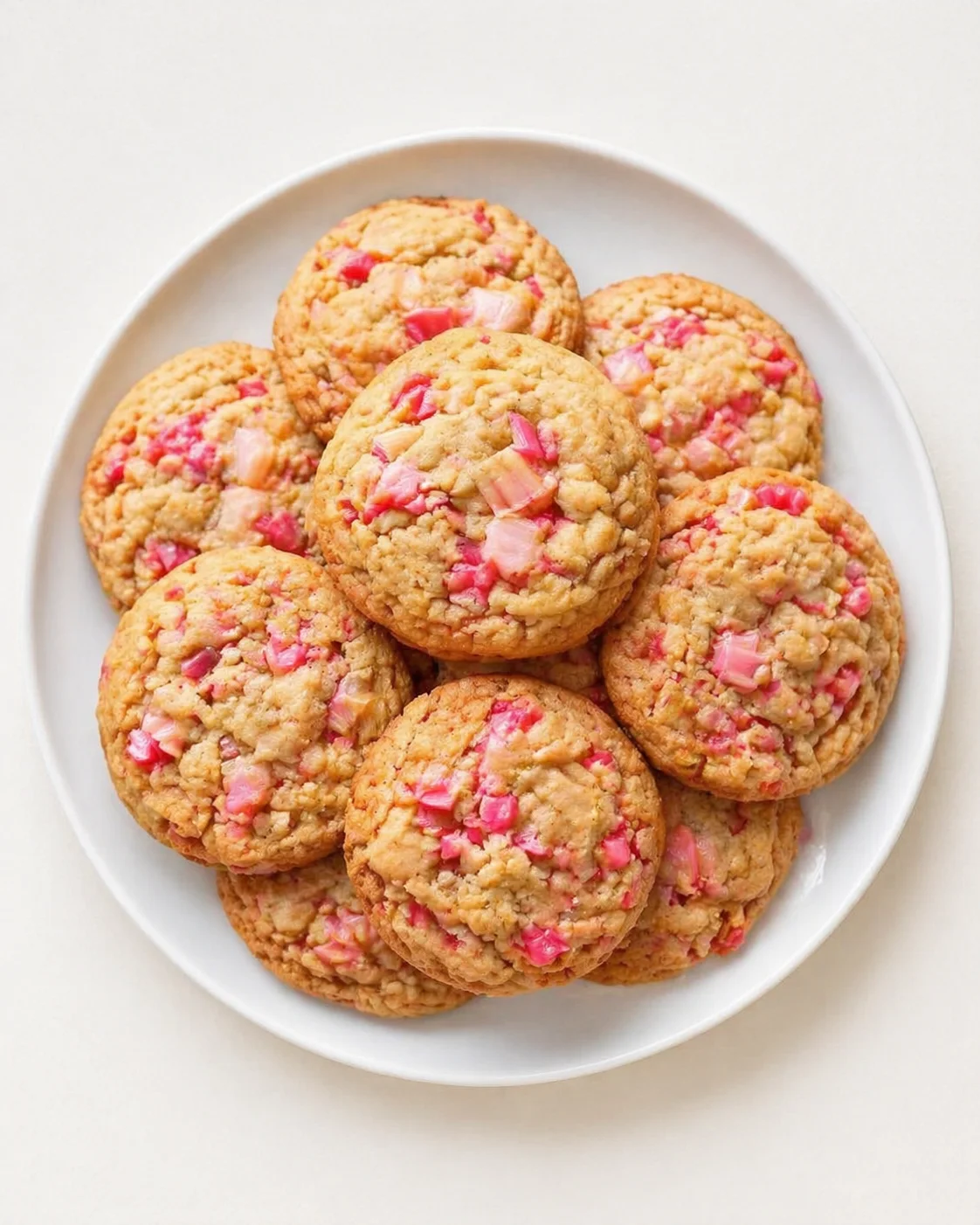 white plate piled with golden cookies studded with pink candy chunks on a pale background