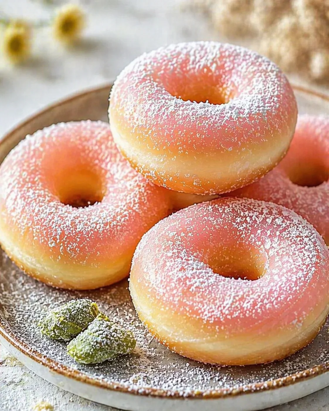 Pink glazed donuts dusted with white sugar, stacked on a rustic ceramic plate