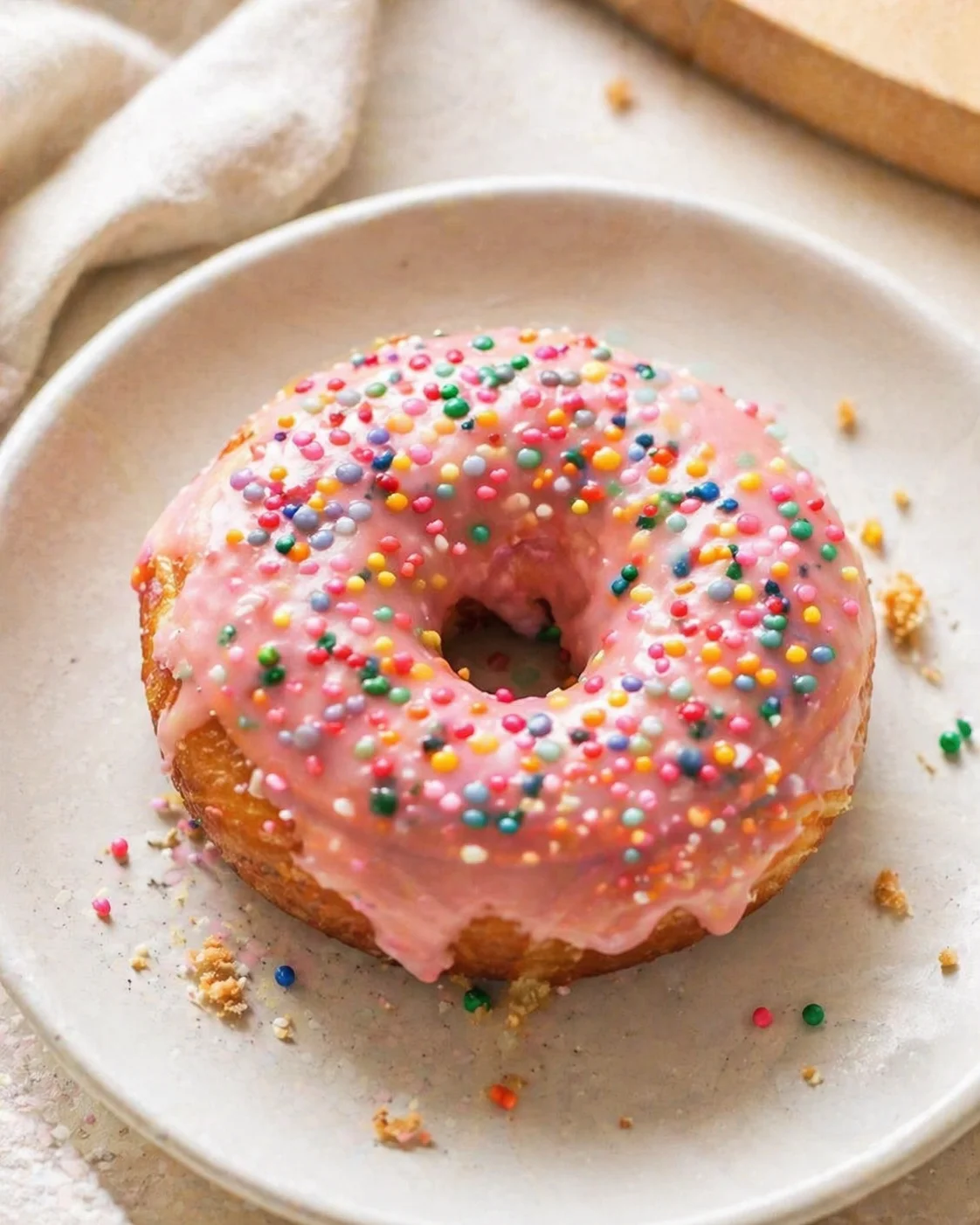 pink frosted donut topped with multicolor sprinkles on a beige plate
