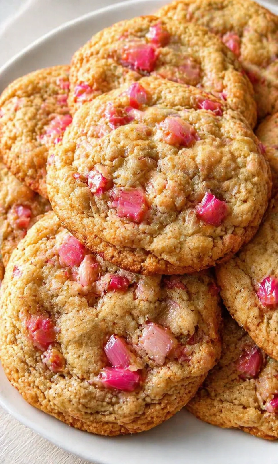 Stacked golden-brown cookies with pink fruit chunks on a white plate.