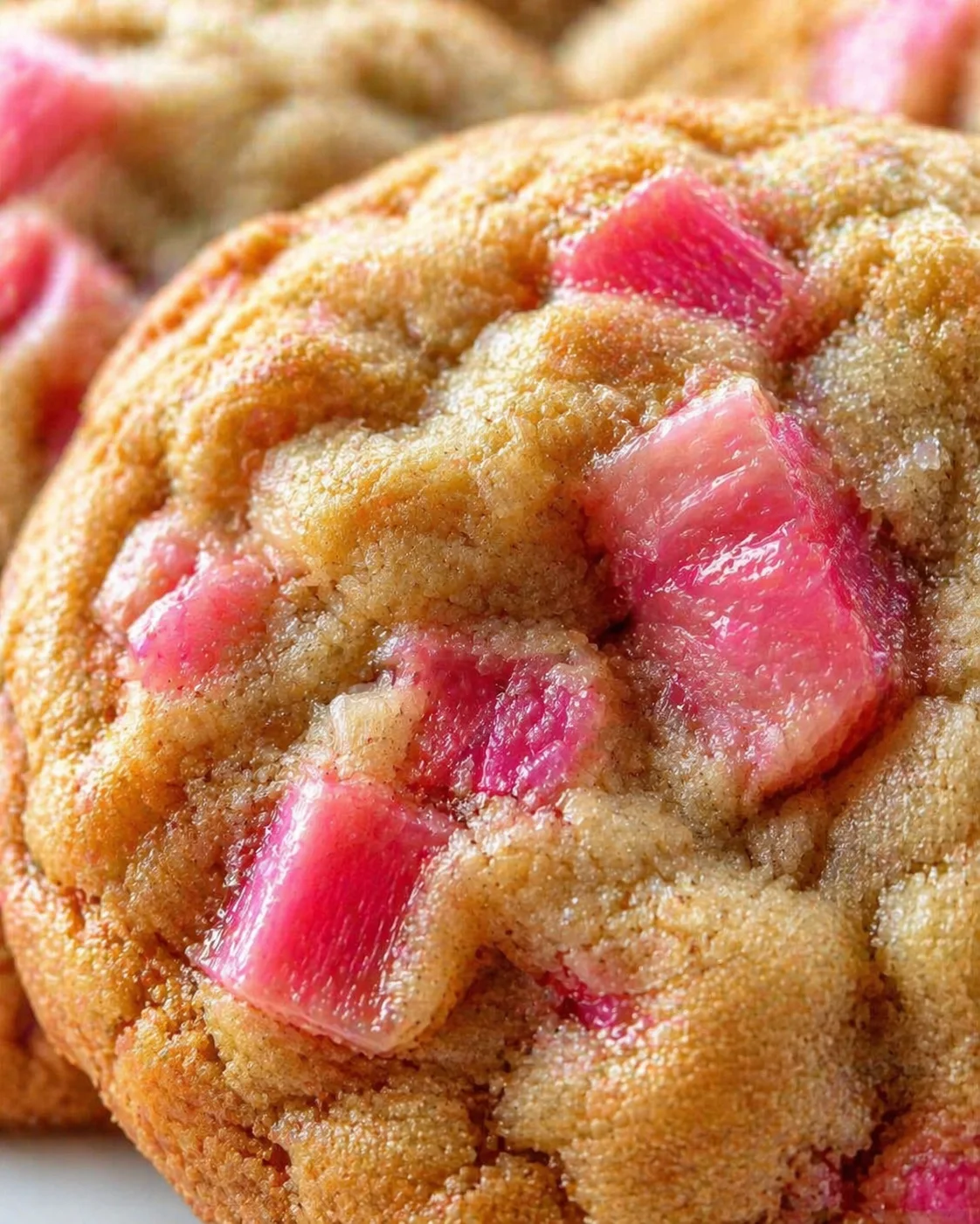 Close-up of golden-brown muffins studded with bright pink rhubarb chunks