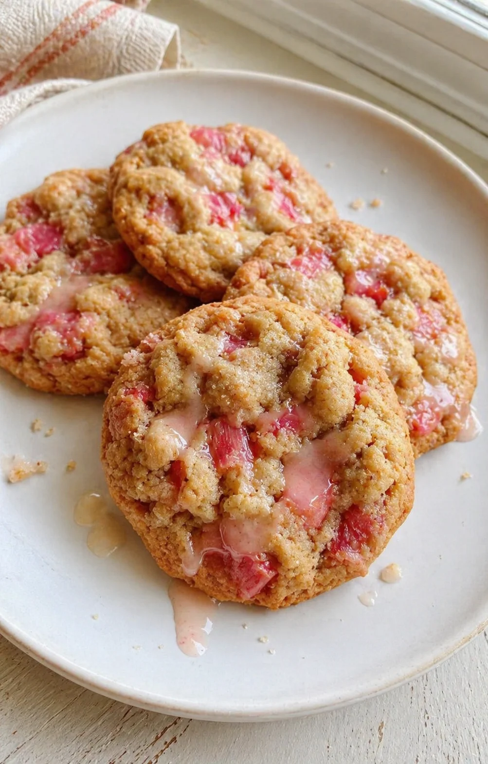 Golden cookies with pink fruit chunks on a white plate by a window.