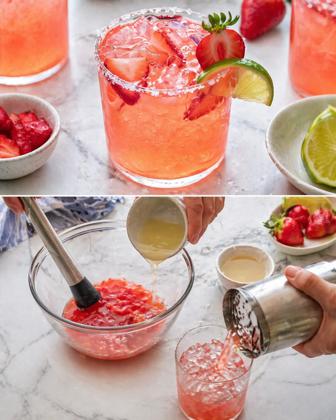 Two-panel photo: pink strawberry cocktail with salt rim and lime, plus mixing bowl of strawberry puree.