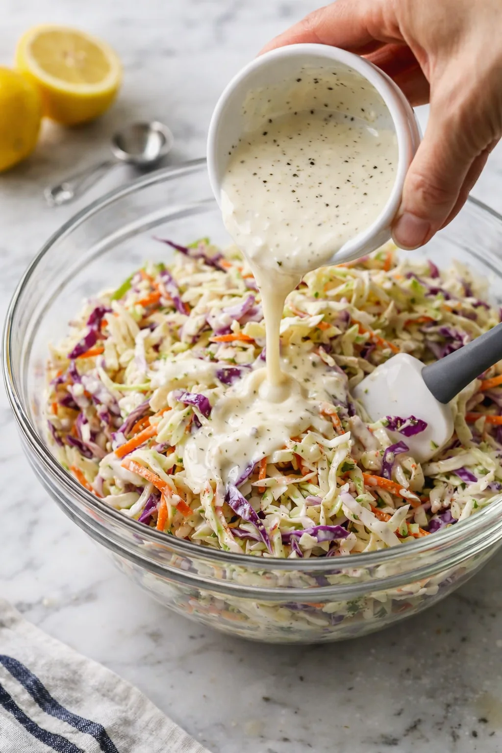 Hand pouring creamy herb-speckled dressing into a colorful shredded coleslaw in a glass bowl