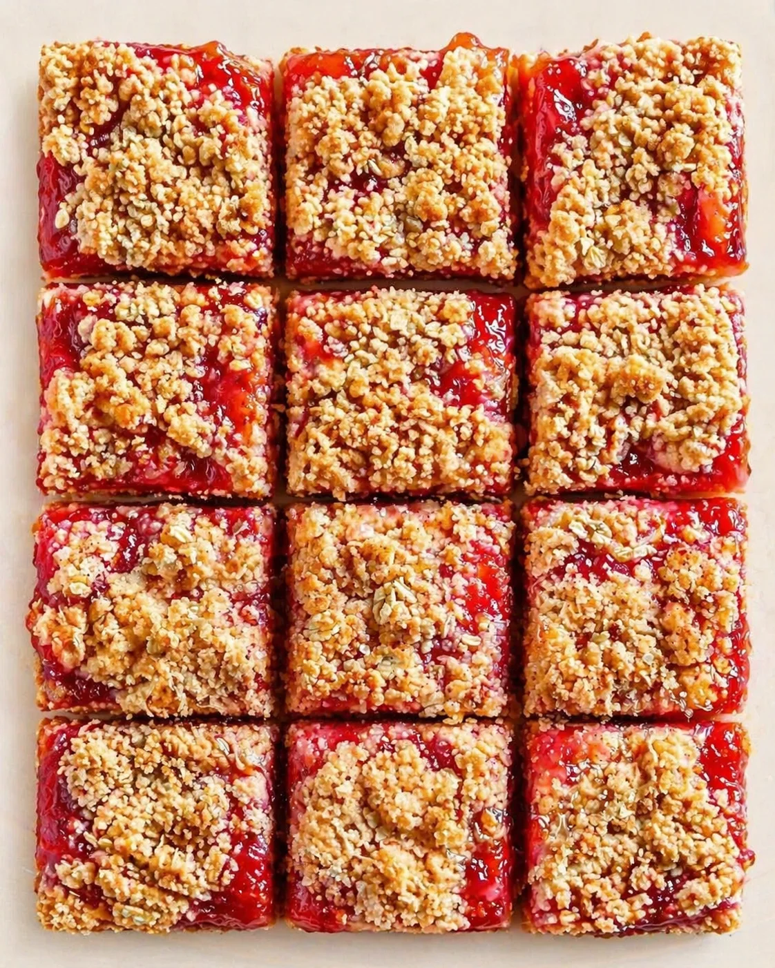 grid of twelve raspberry crumb bars on a light neutral surface