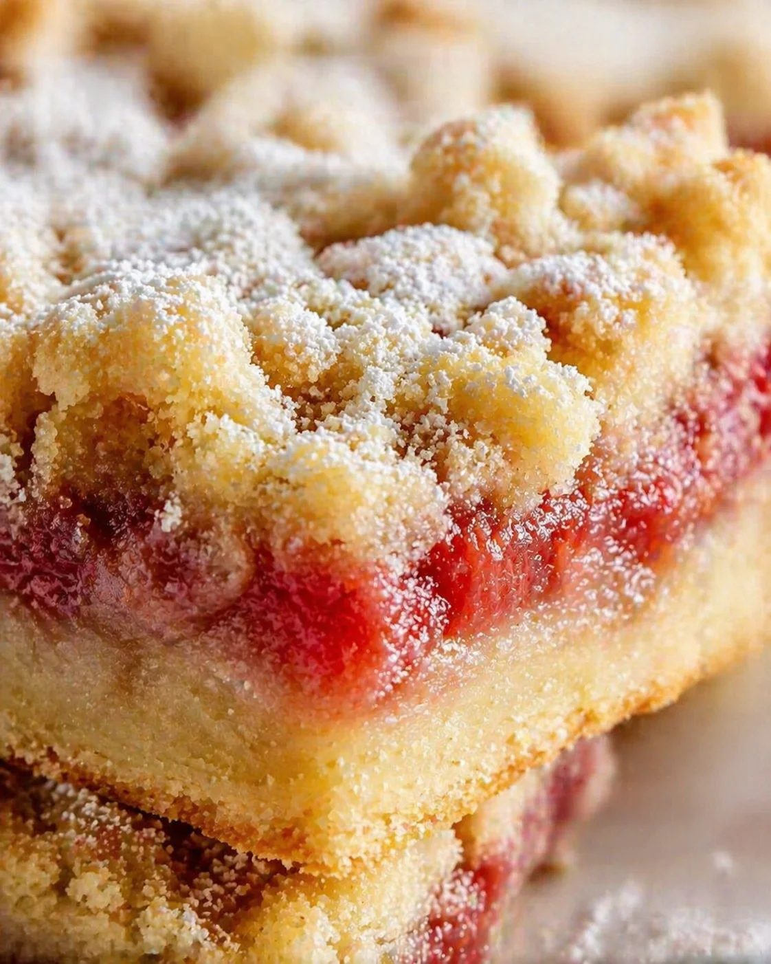 Close-up of a crumb-topped raspberry bar with glossy jam filling and sugared crust