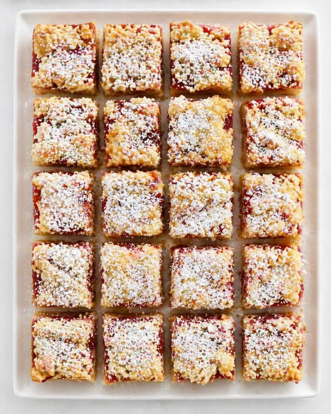 Twenty raspberry crumble bars arranged on a white baking sheet, topped with crumbly streusel and powdered sugar.