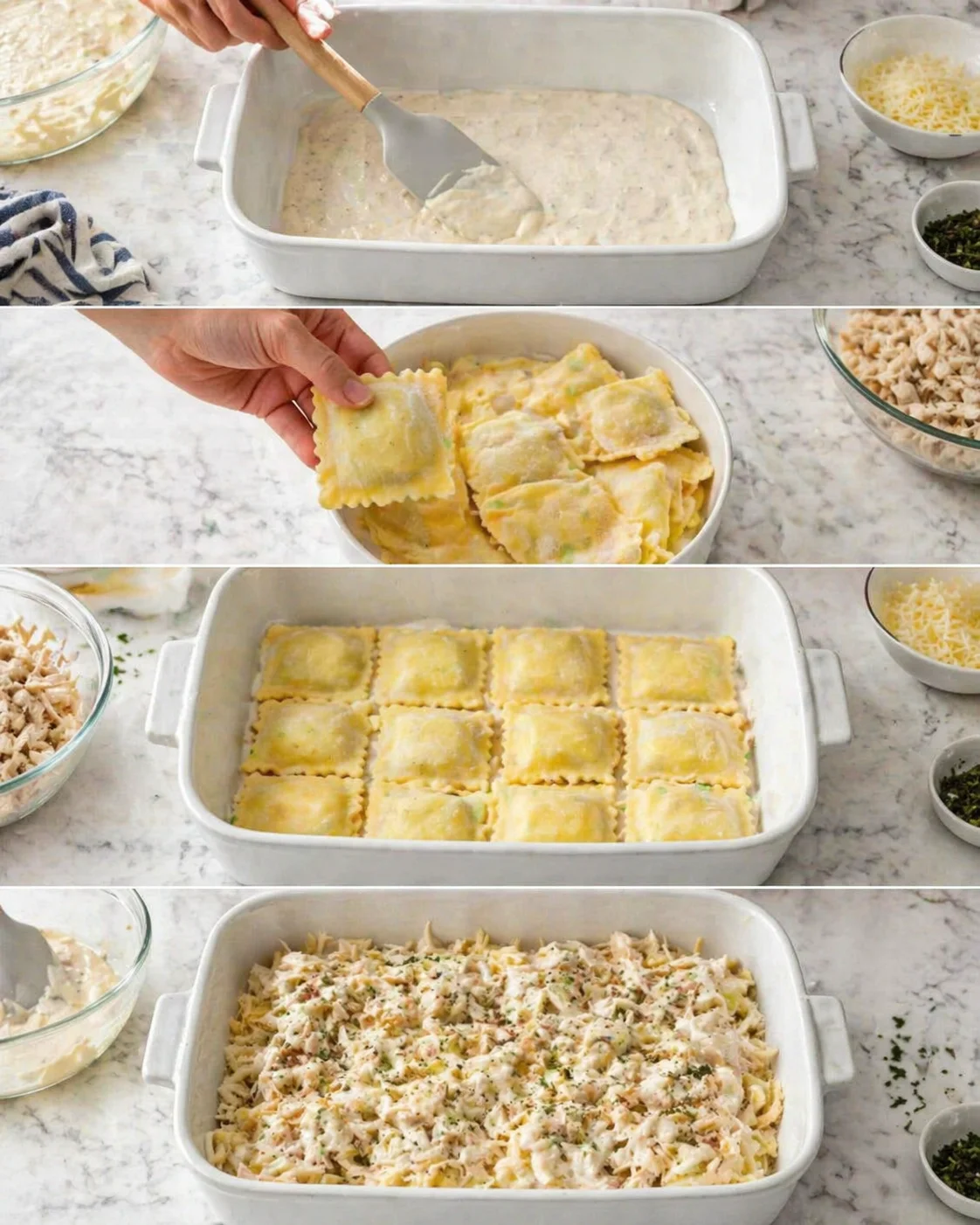 Step-by-step collage showing ravioli assembled in a white baking dish on a marble countertop.