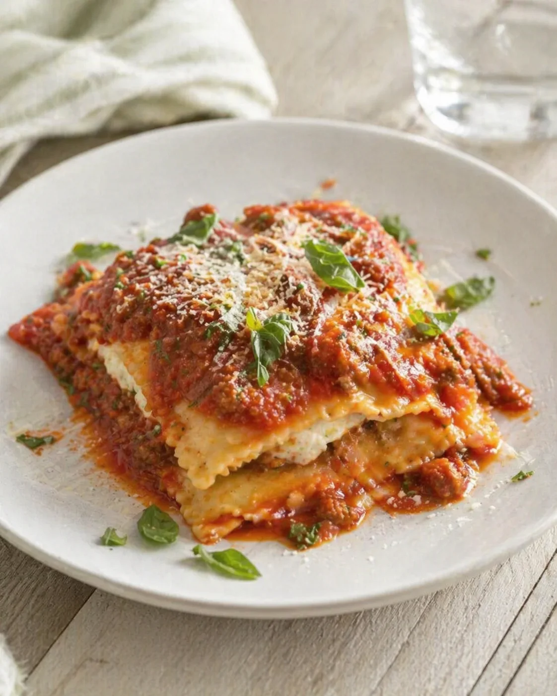 plate of ravioli with tomato sauce, parmesan, and fresh basil on a white plate