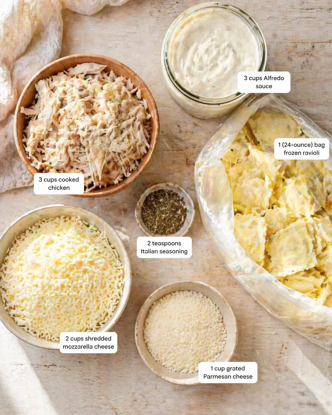 Overhead view of ravioli ingredients on a wooden table with labeled bowls and a jar of Alfredo sauce.