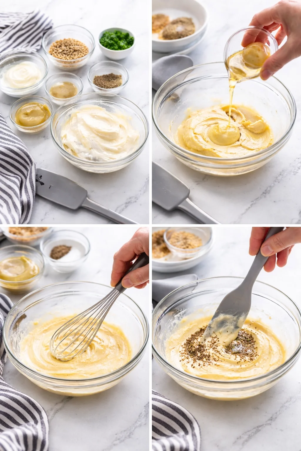 four-panel collage showing ingredients and hands whisking a yellow batter on marble