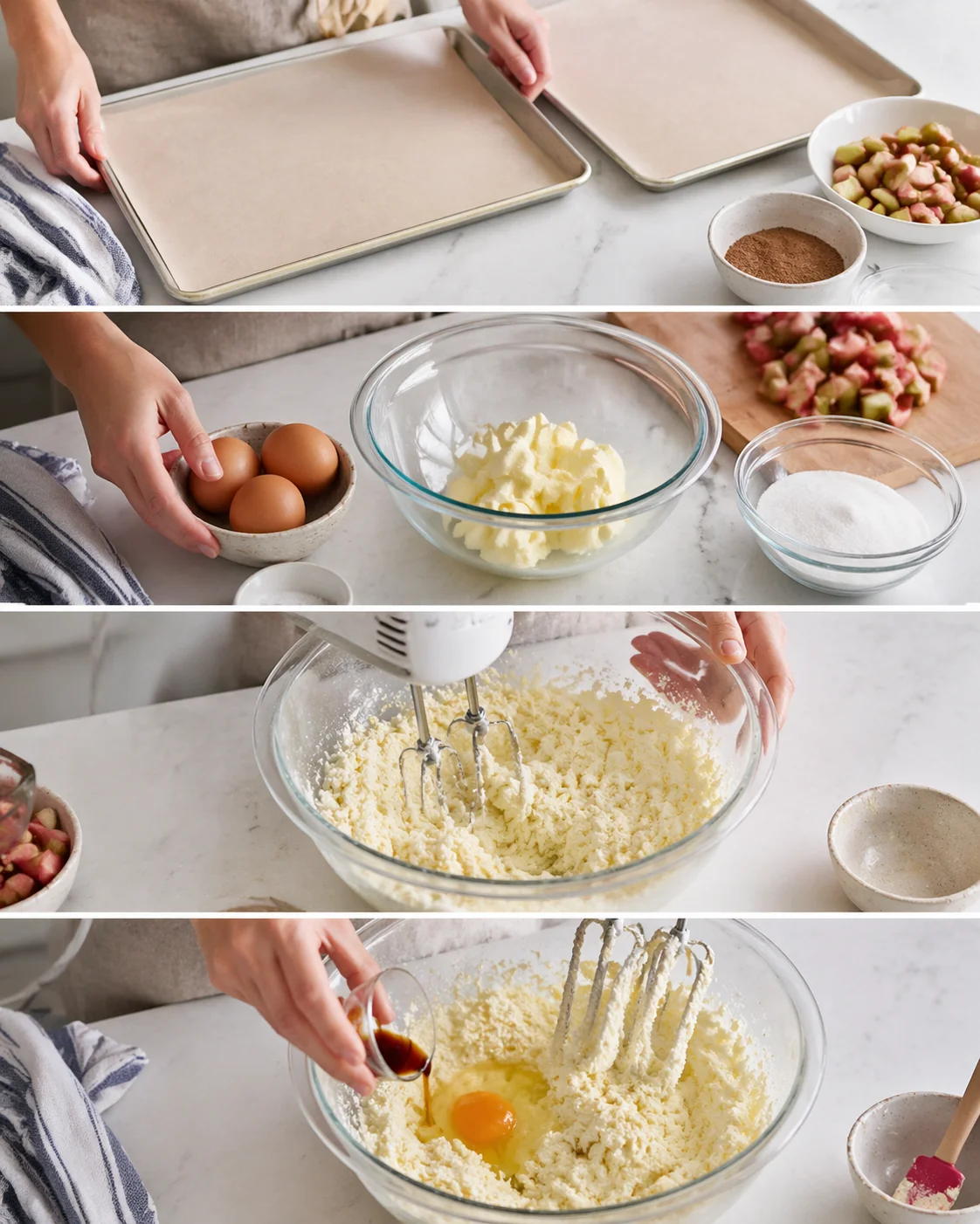 four-panel collage showing baking steps: parchment-lined pans, rhubarb pieces, eggs and butter, mixing batter, adding vanilla.