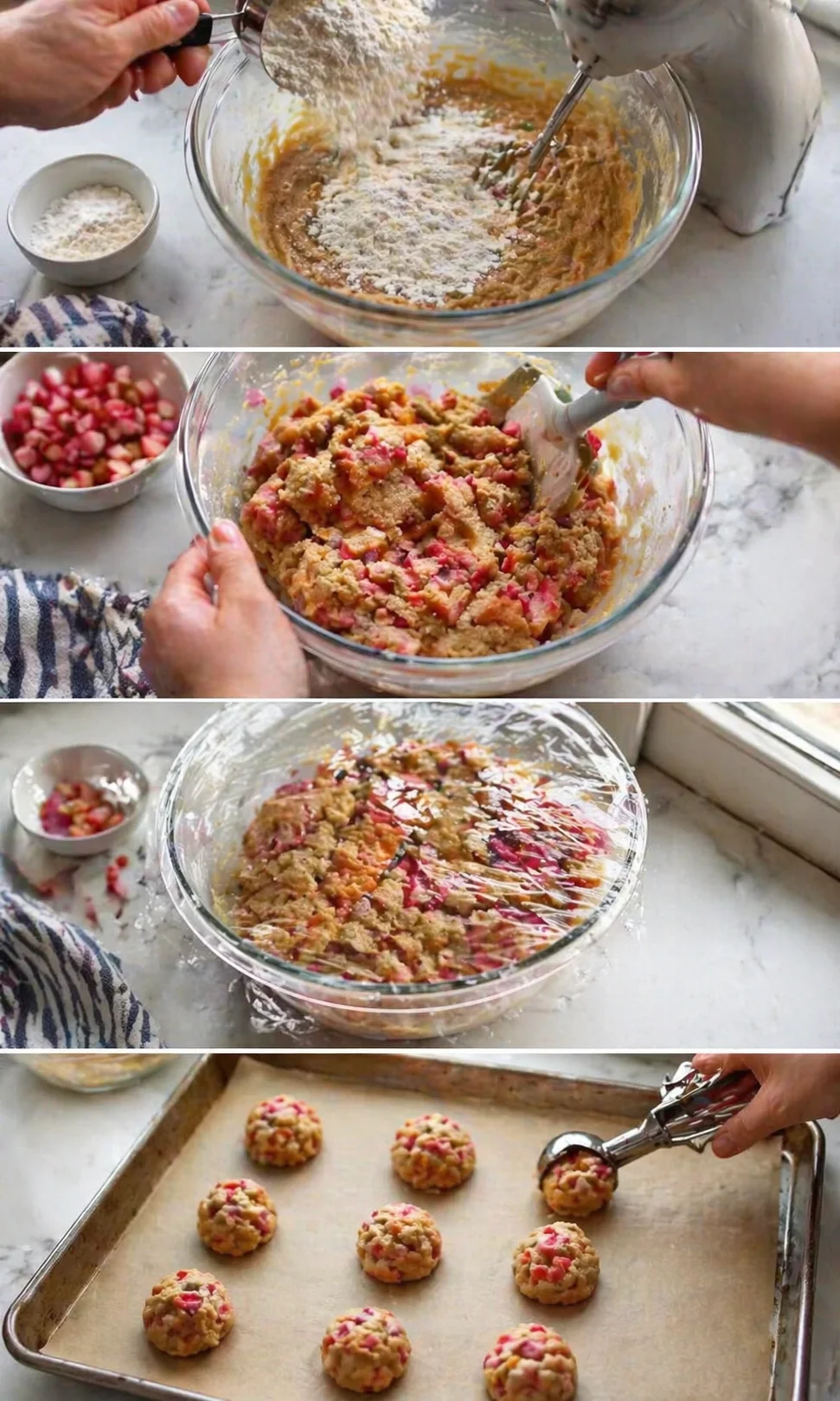 Collage showing batter being mixed with rhubarb chunks, then formed into cookies.