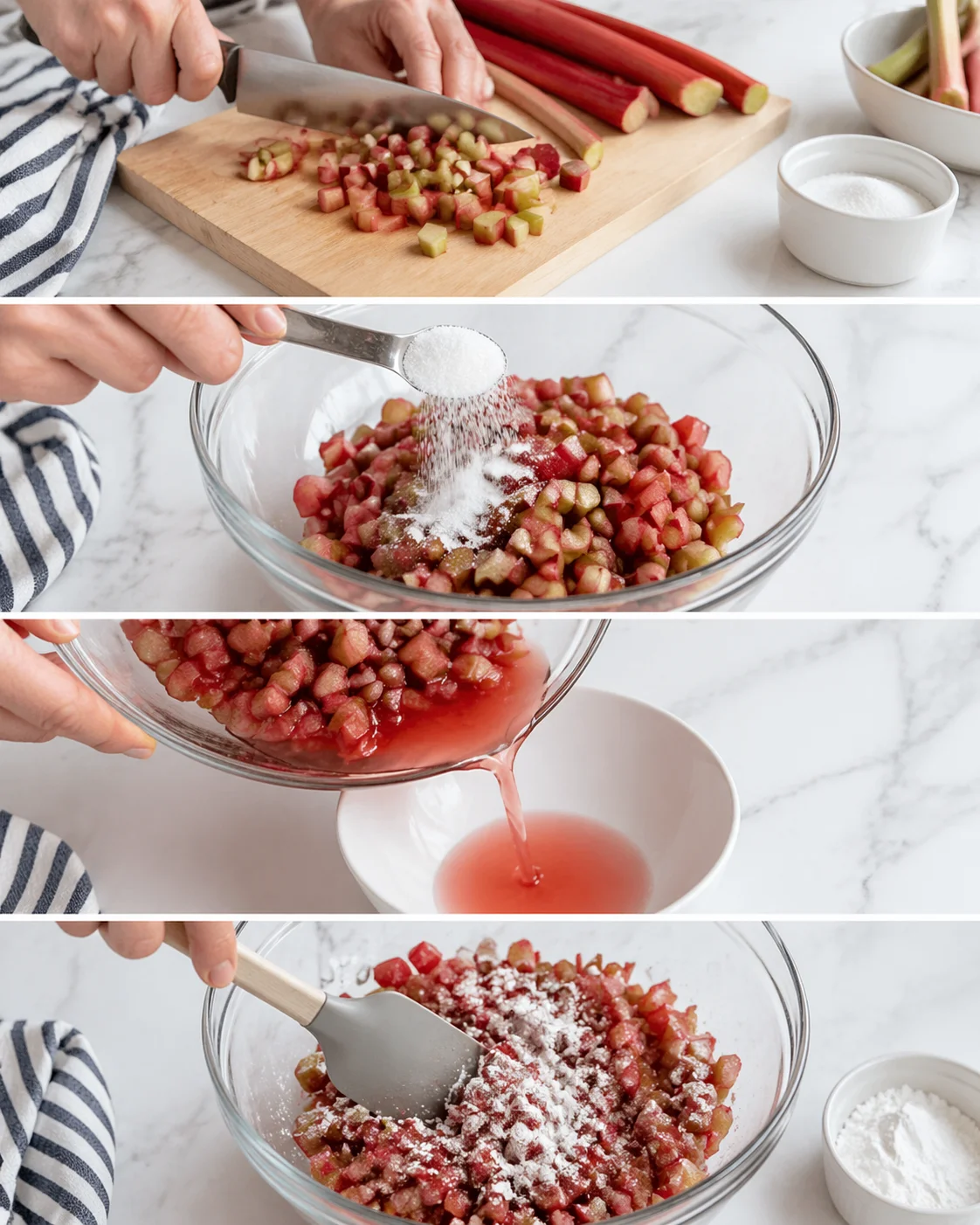 Hands chop rhubarb on a cutting board, add sugar, then mix in a glass bowl.