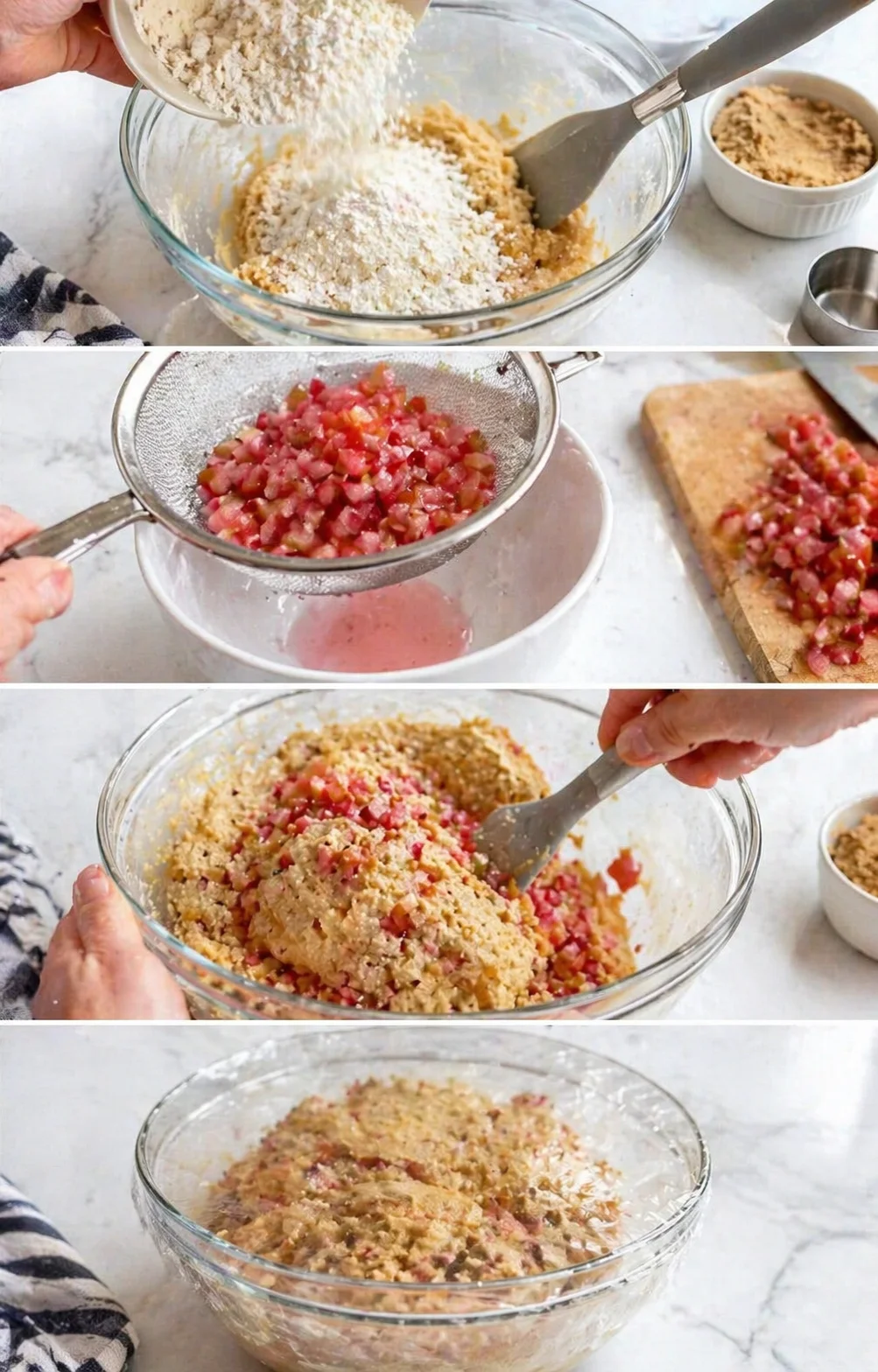 Collage of kitchen steps showing dough mixing, pink diced fruit straining, and crumbly batter.