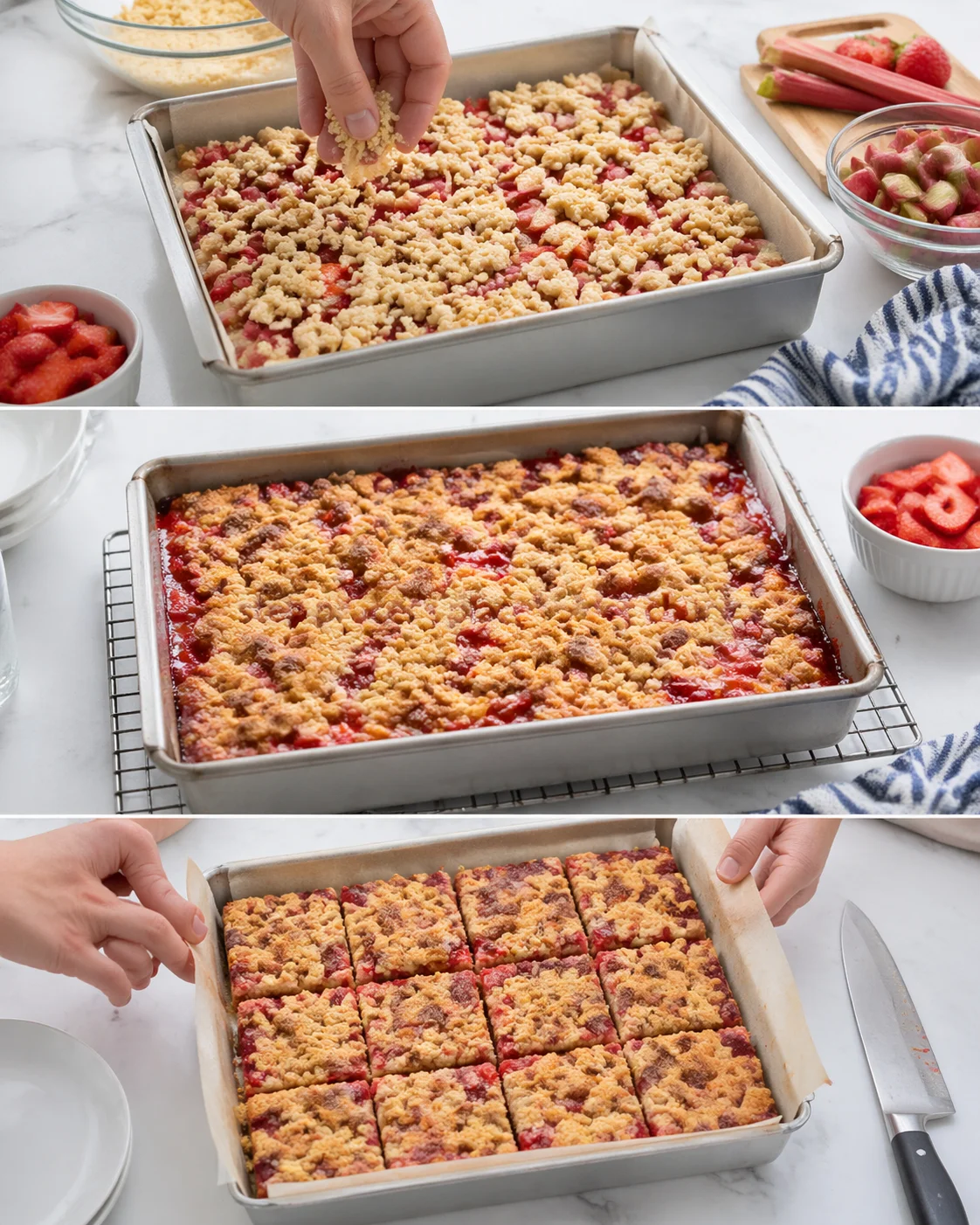 Collage of rhubarb crumble bars being assembled, baked, and cut into squares on a marble countertop