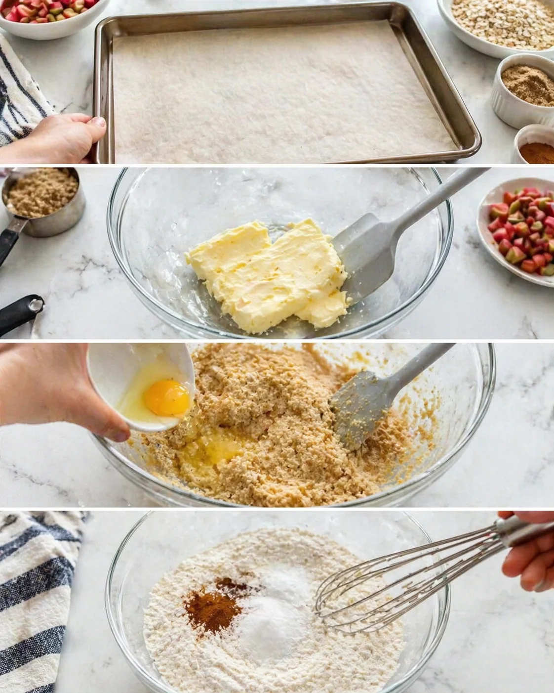 Collage showing crust preparation, butter, egg addition, and whisked dry ingredients for rhubarb crumble bars.