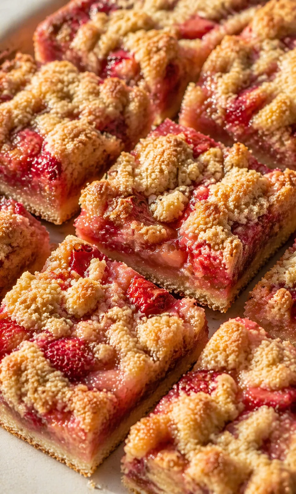 Close-up of rhubarb crumble bars with pink filling and golden crumb topping.