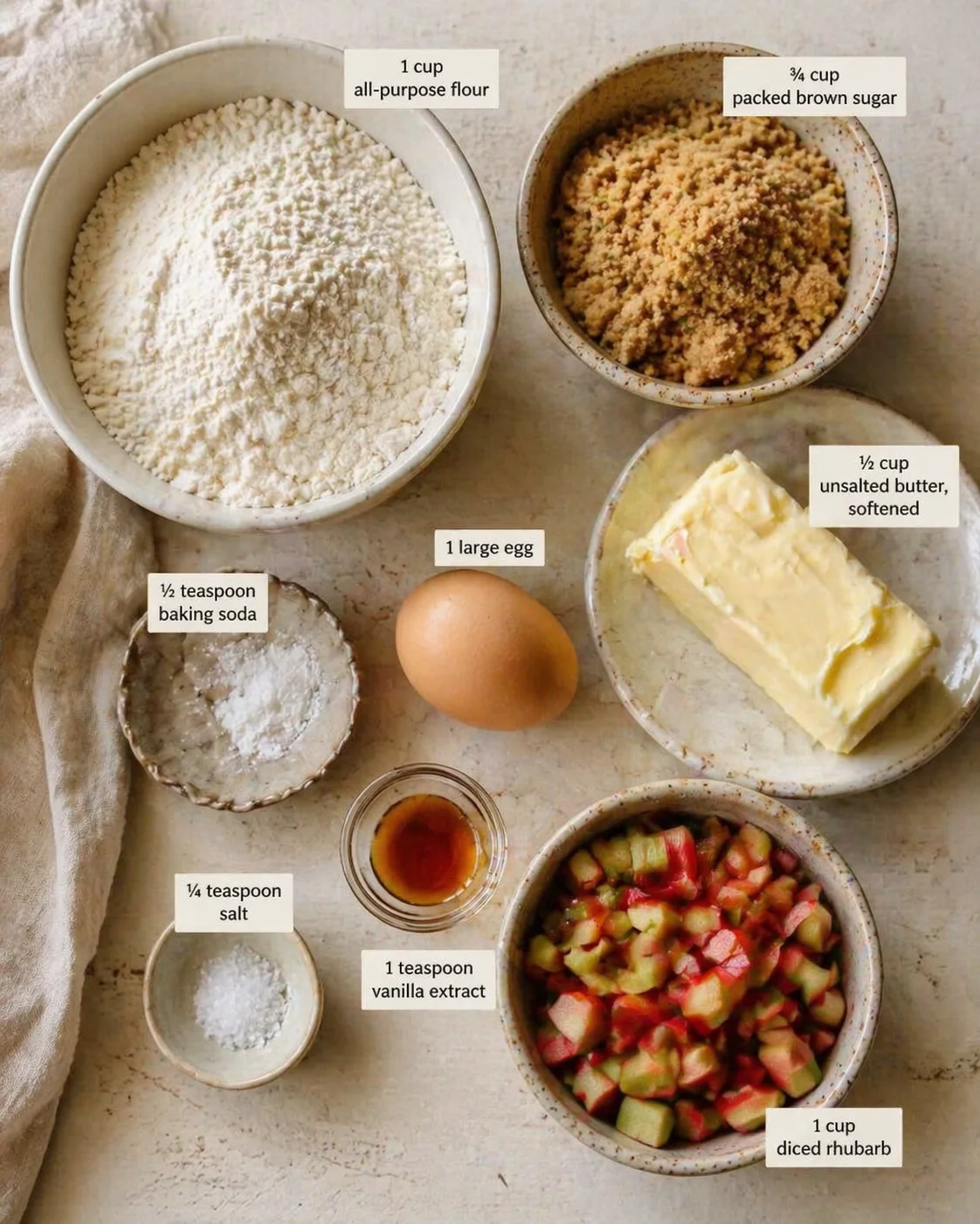 Overhead view of baking ingredients organized with labeled cards: flour, brown sugar, butter, egg, vanilla, salt, baking soda, and rhubarb.
