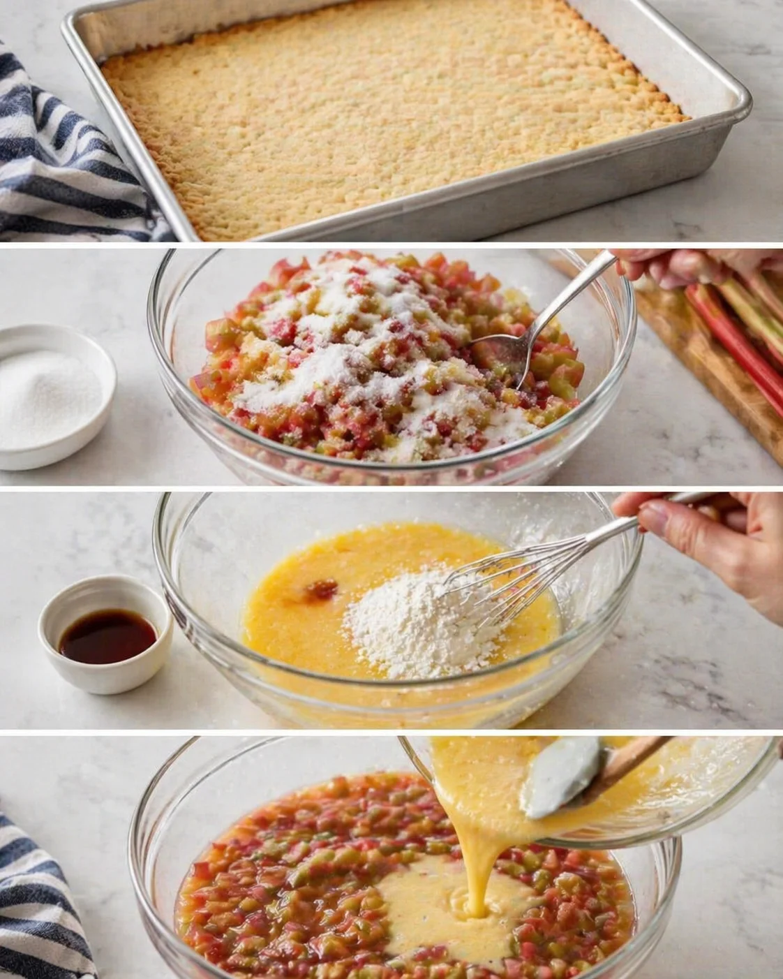 Four-panel collage showing crust baking, fruit filling, batter mixing, and custard pouring.