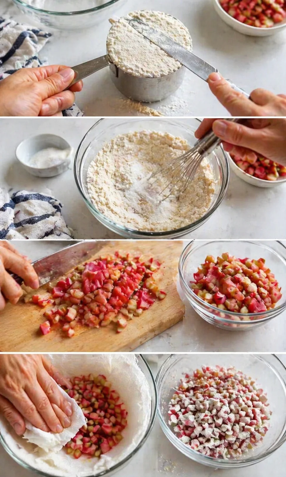 collage showing hands making crust, whisking dry ingredients, and dicing rhubarb for baking