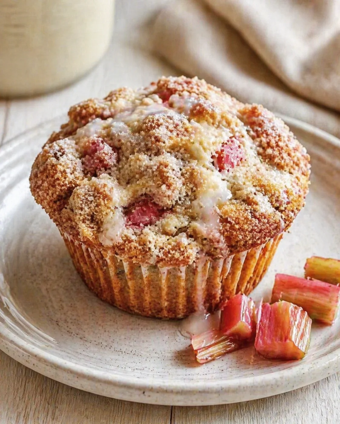 Crumb-topped rhubarb muffin on a speckled plate with pink rhubarb chunks.