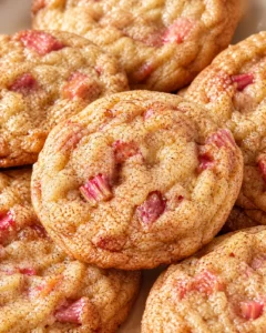 Close-up of golden-brown rhubarb cookies with pink fruit chunks and sugar crystals