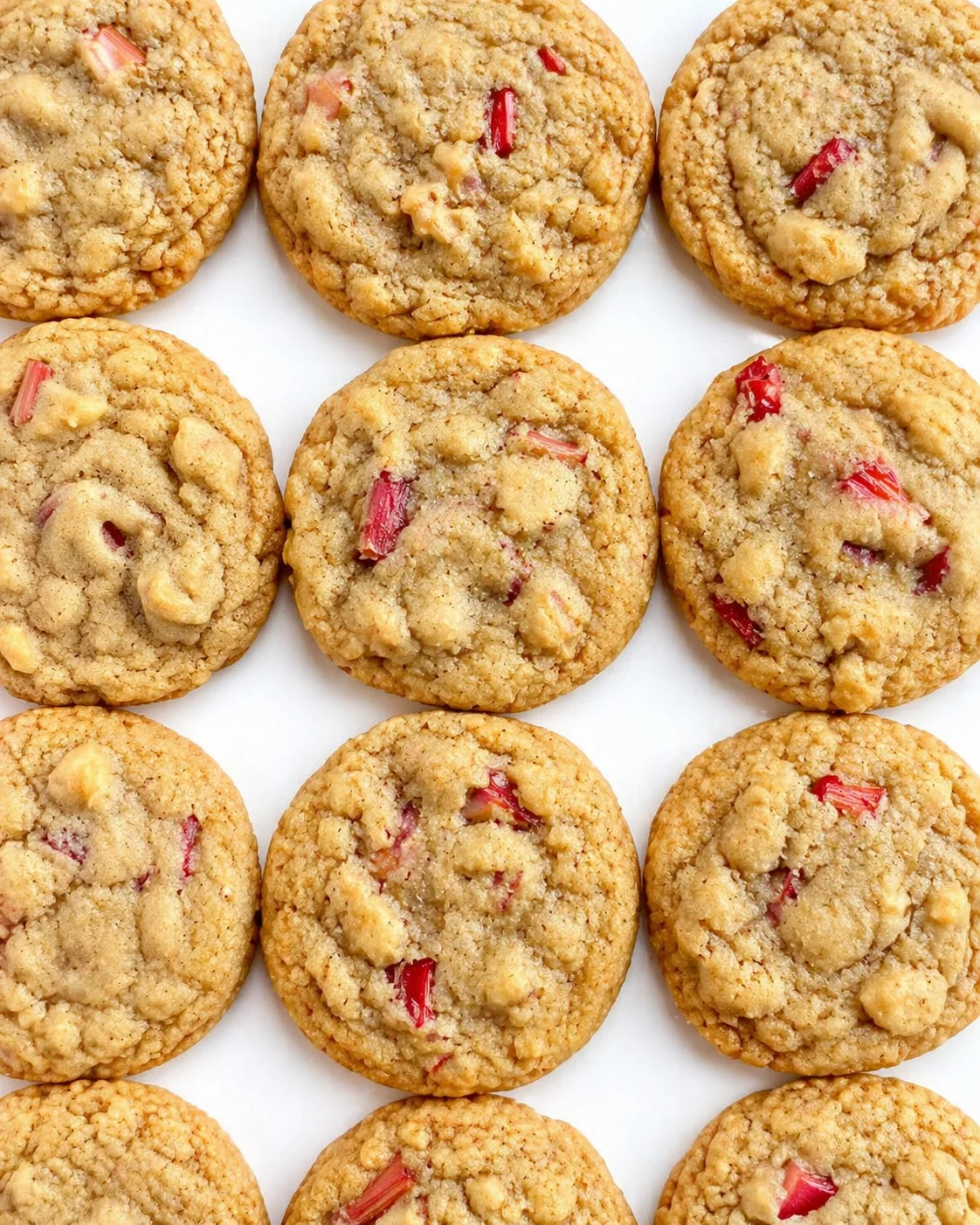 Top-down view of golden cookies with red rhubarb pieces arranged in a neat grid.