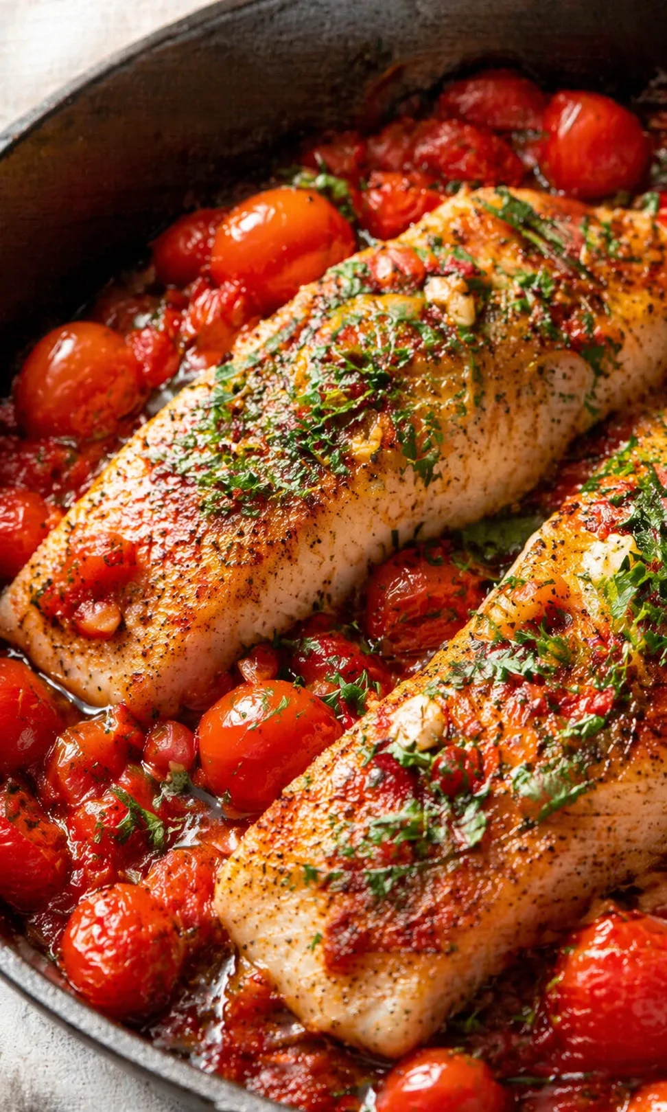 Two herb-garnished fish fillets beside blistered cherry tomatoes in a skillet.