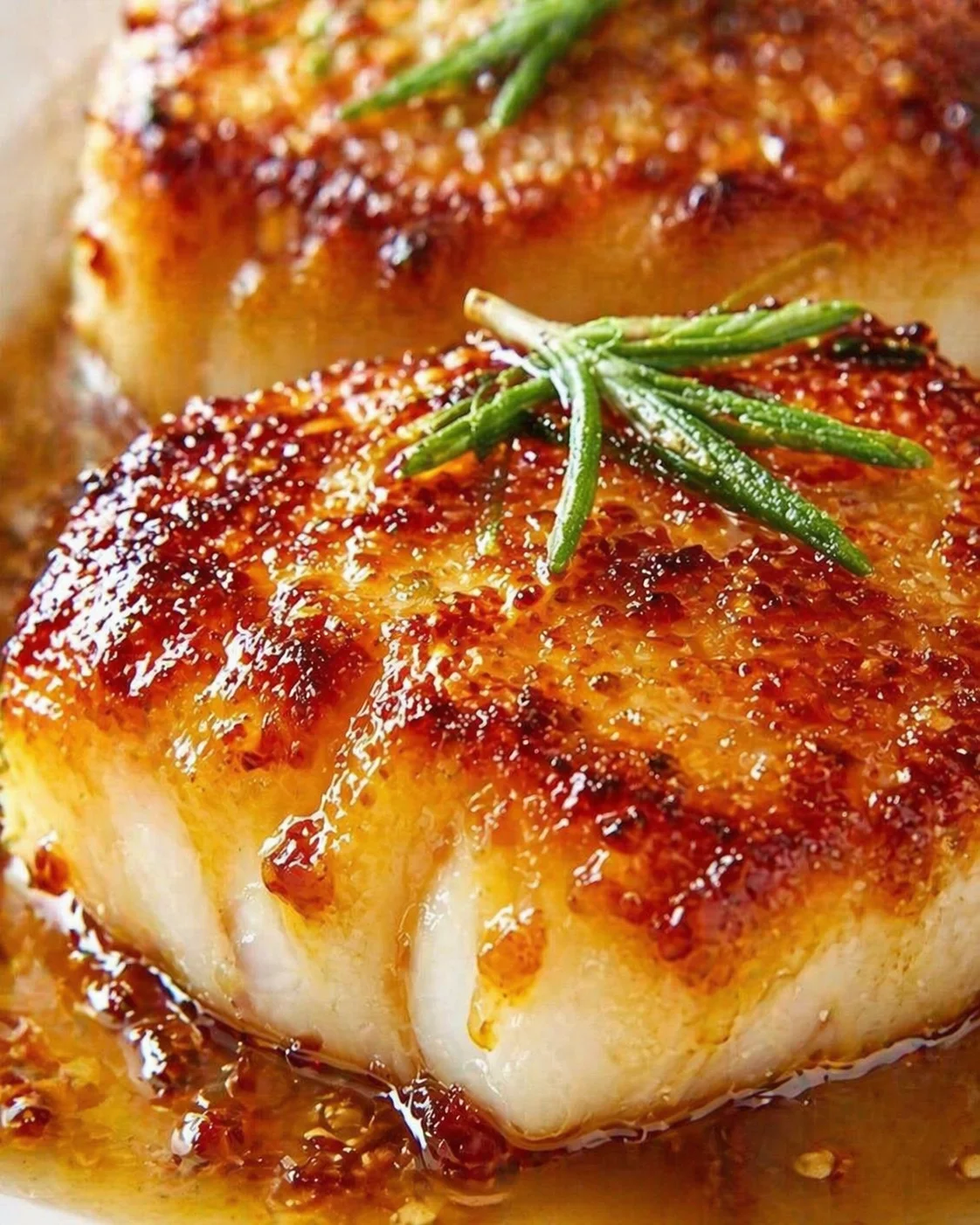 close-up of crispy-glazed roasted chicken with a fresh rosemary garnish