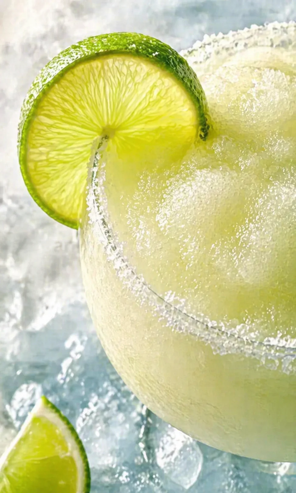Close-up of a salt-rimmed margarita glass with lime wedge garnish.