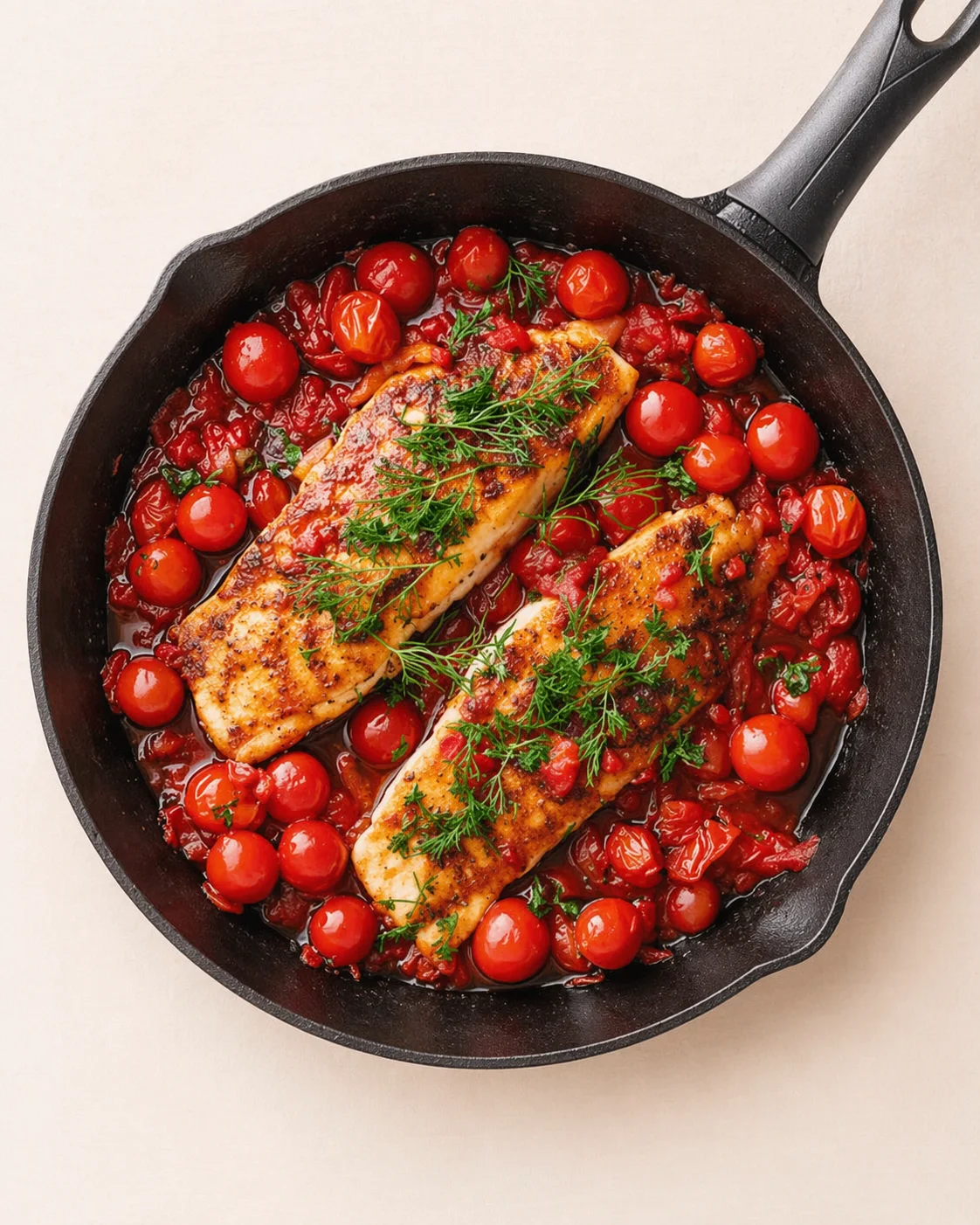 top-down view of two seared fish fillets in a cast-iron skillet with cherry tomatoes and dill