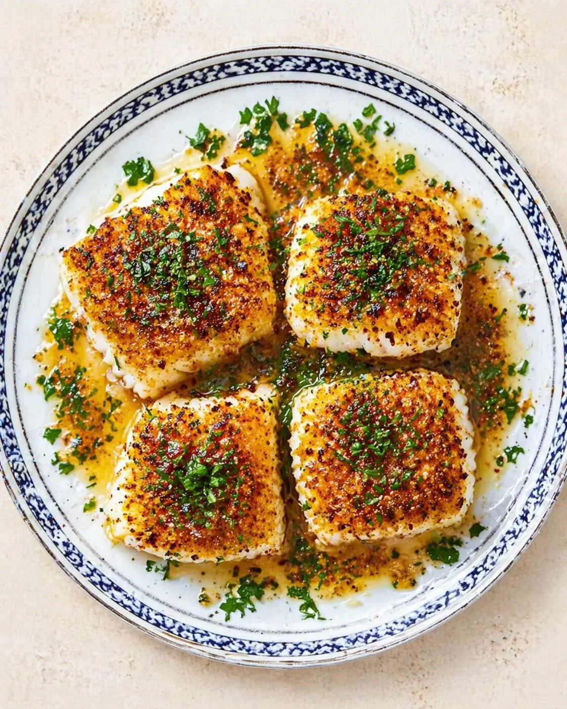 Four seared scallops with brown-butter sauce and chopped parsley on a blue-patterned plate.