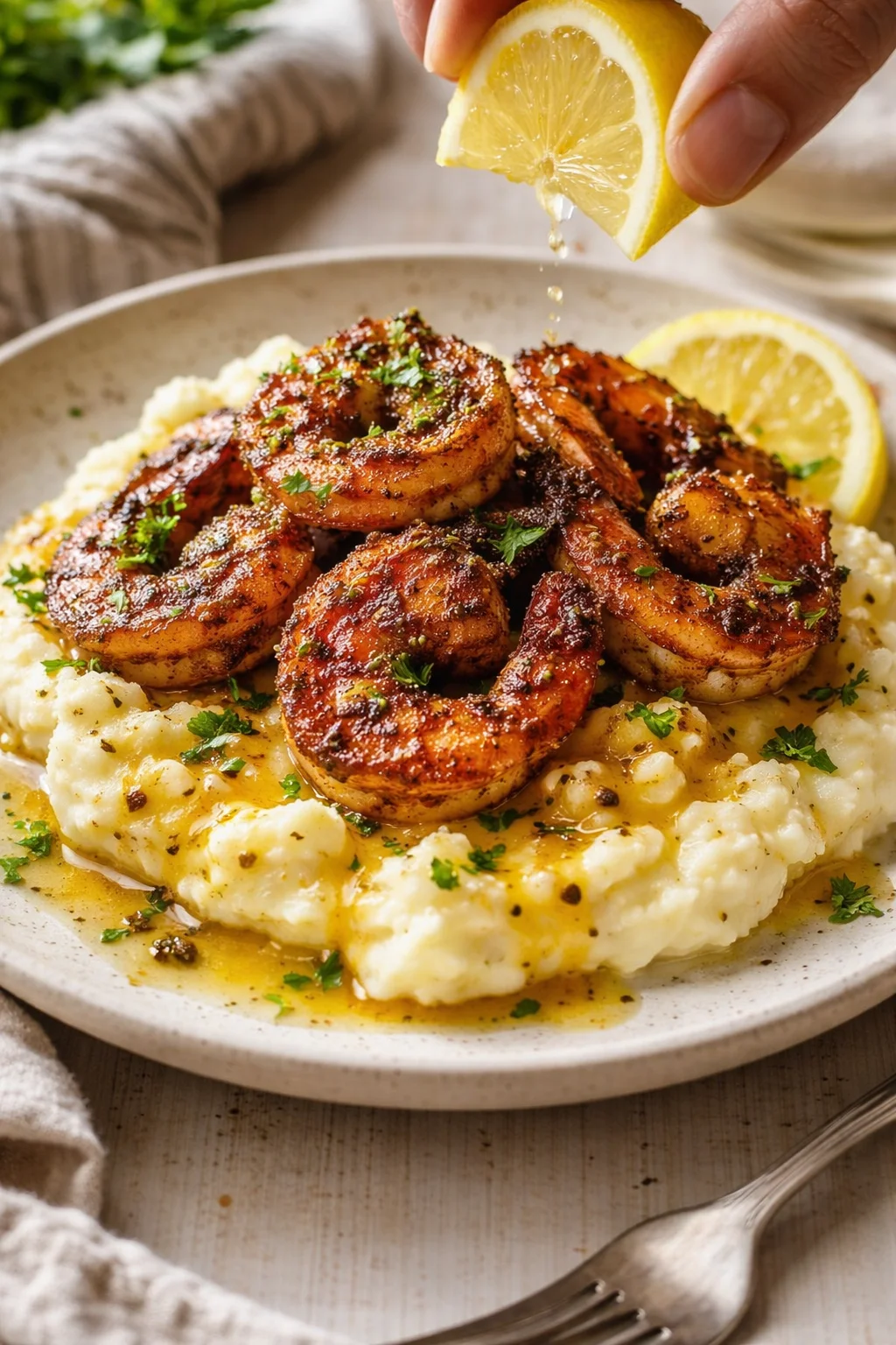 caramelized shrimp atop creamy mashed potatoes with lemon wedges and parsley